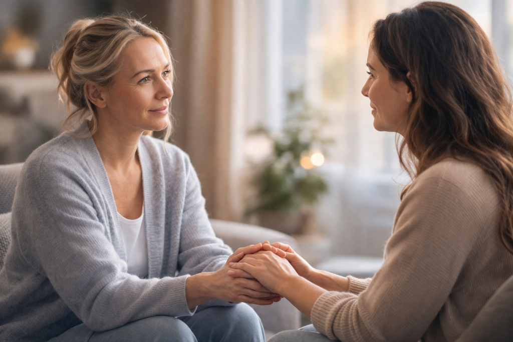 Zwei Frauen, die sich vergeben.