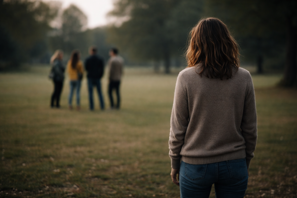 Eine junge Frau ist nicht mehr Teil einer Freundesgruppe. Trauma durch Bindungsabbruch in religiösem Kontext.