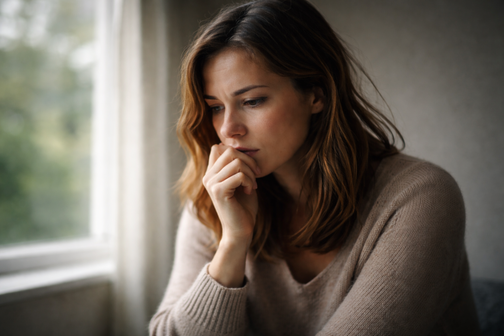 Eine traurige, nachdenkliche Frau.