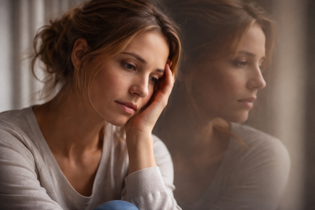 Nachdenkliche Frau in stiller Anspannung – symbolisiert inneren Konflikt und kognitive Dissonanz