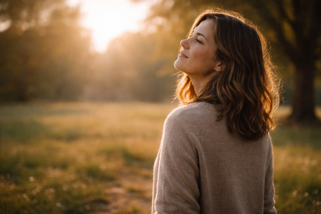 Frau blickt hoffnungsvoll in die Zukunft – Symbol für religiöses Trauma und innere Entwicklung nach dem Ausstieg