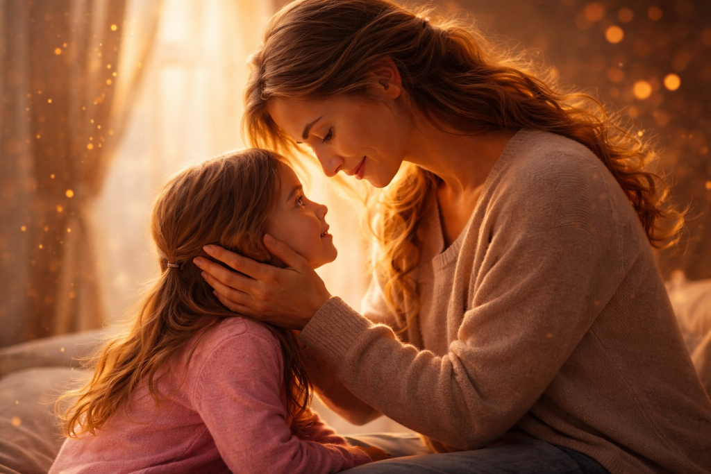 Frau in liebevoller Verbindung mit ihrem inneren Kind – Symbol für Selbstkontakt und innere Heilung